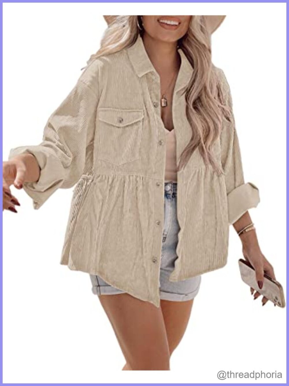 Womens Corduroy Button Down Tunic Shirt Long Sleeve Loose Fit Babydoll
